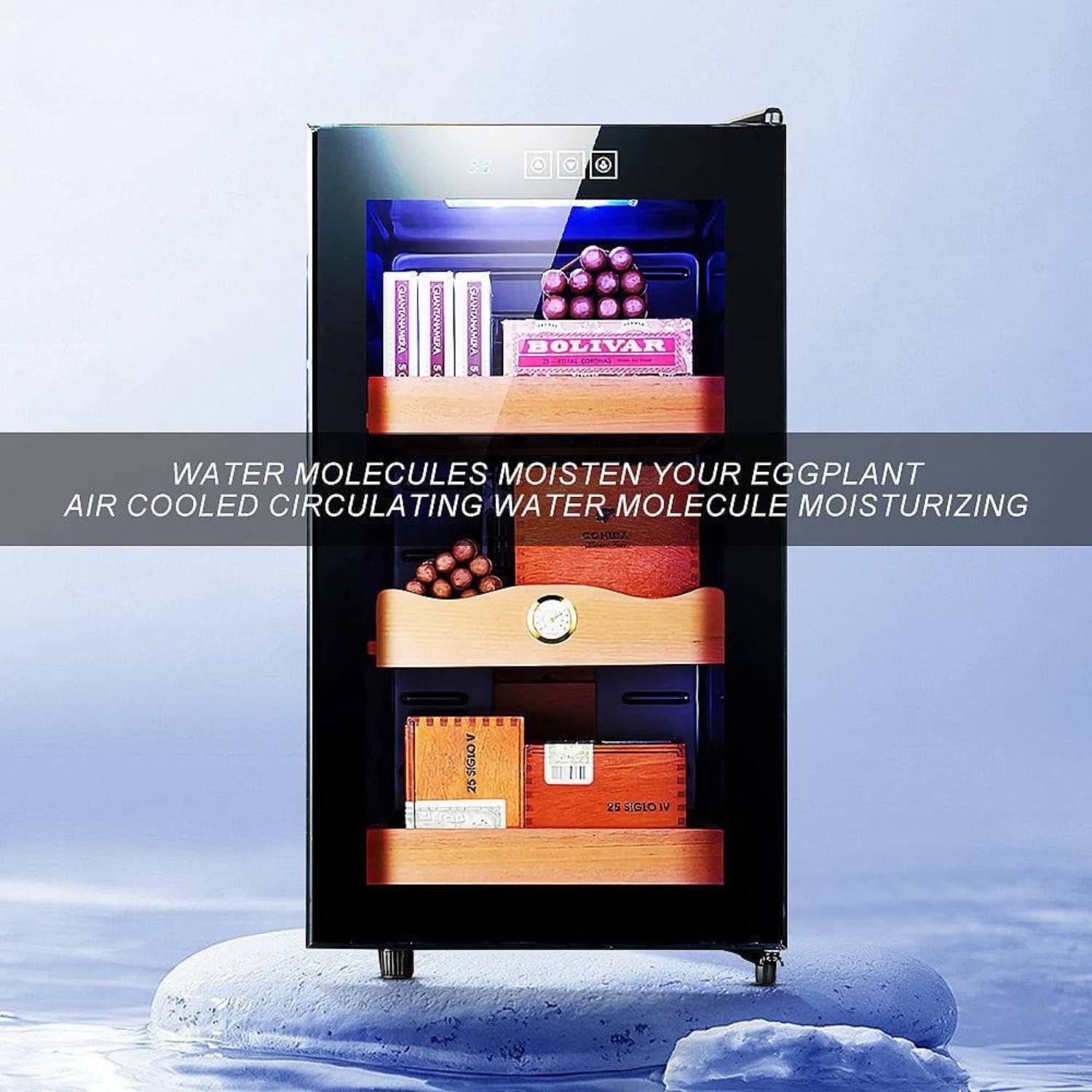 Black refrigerator with wooden shelves on a light blue background