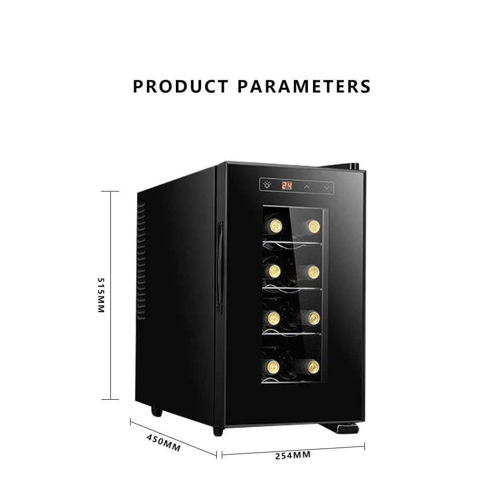 Black wine cooler with dimensions and COOLBABY branding on a white background