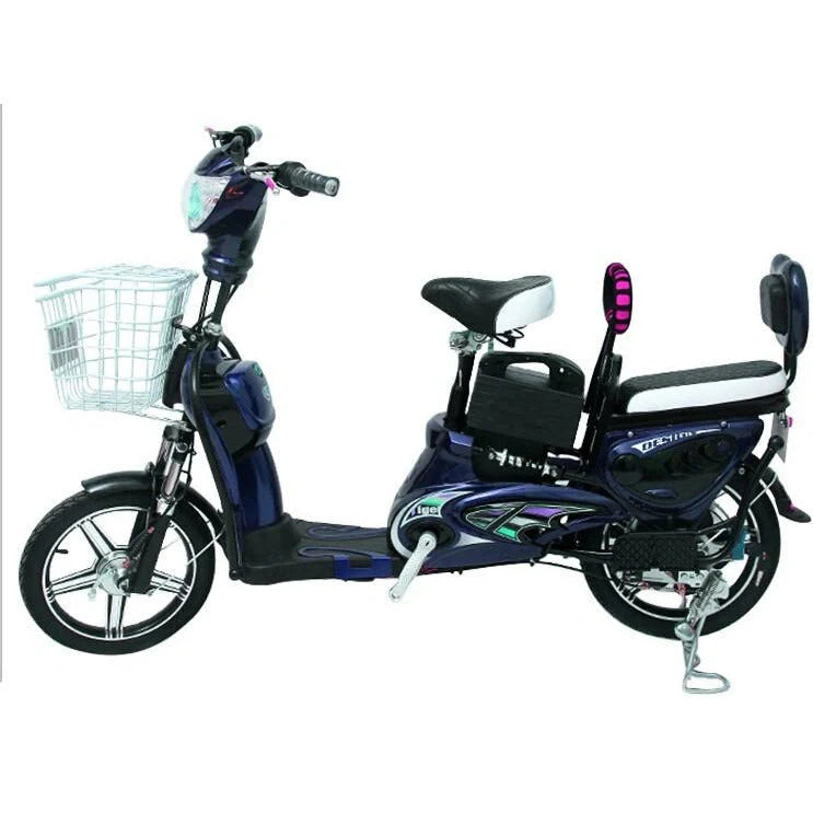 Blue electric bicycle with a basket on a white background