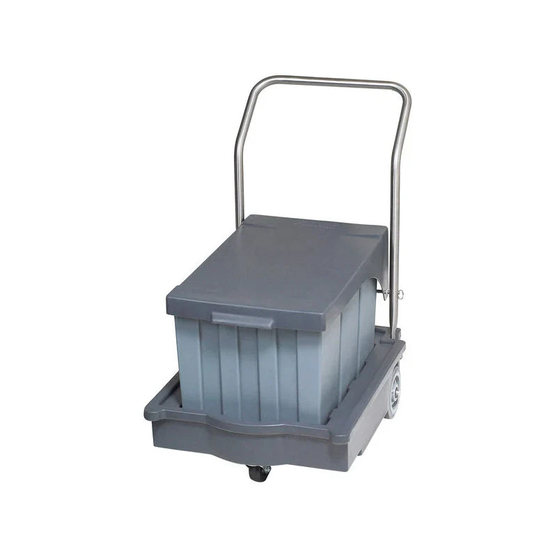 Gray rolling platform with a handle on a white background