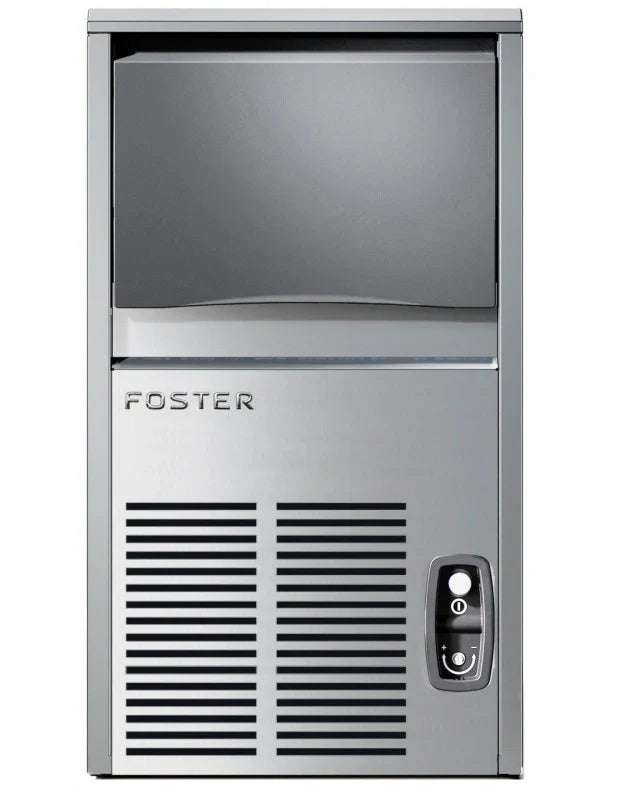 Stainless steel ice maker with 'Foster' branding on a white background