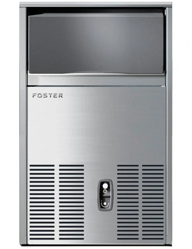 Stainless steel ice maker with 'Foster' branding on a white background
