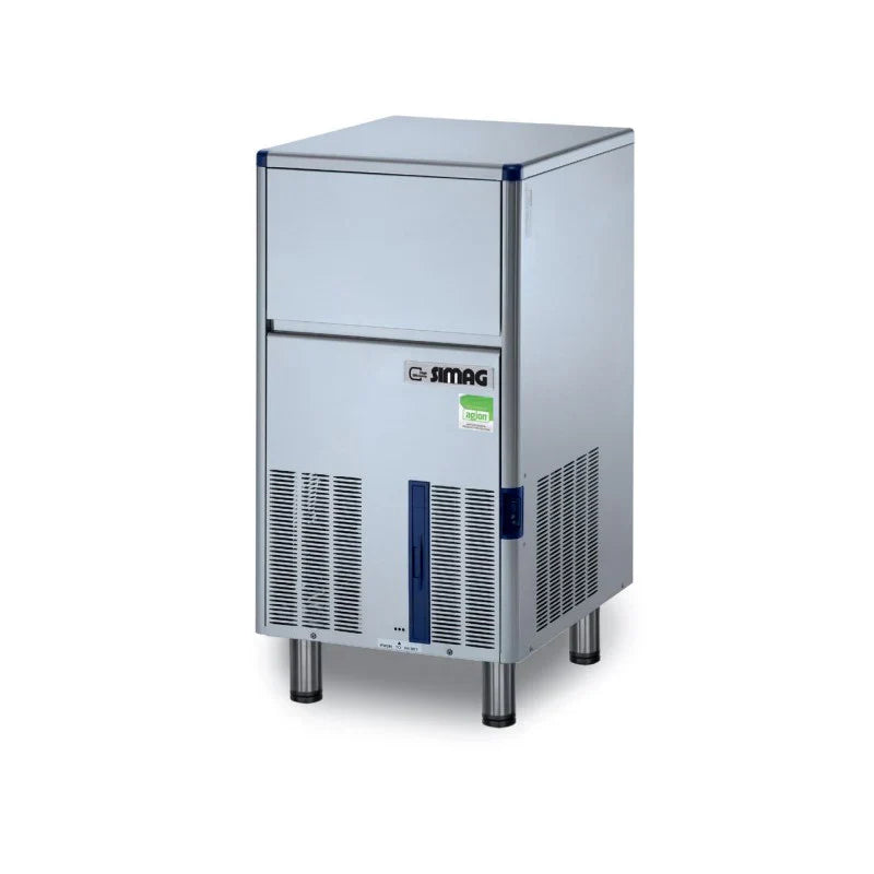 Stainless steel ice machine with 'Simag' branding on a white background