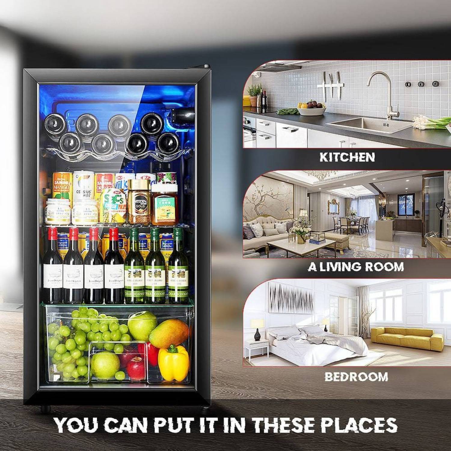 Fridge with drinks and fruits displayed, with images of a kitchen, living room, and bedroom showing where the fridge can be placed.