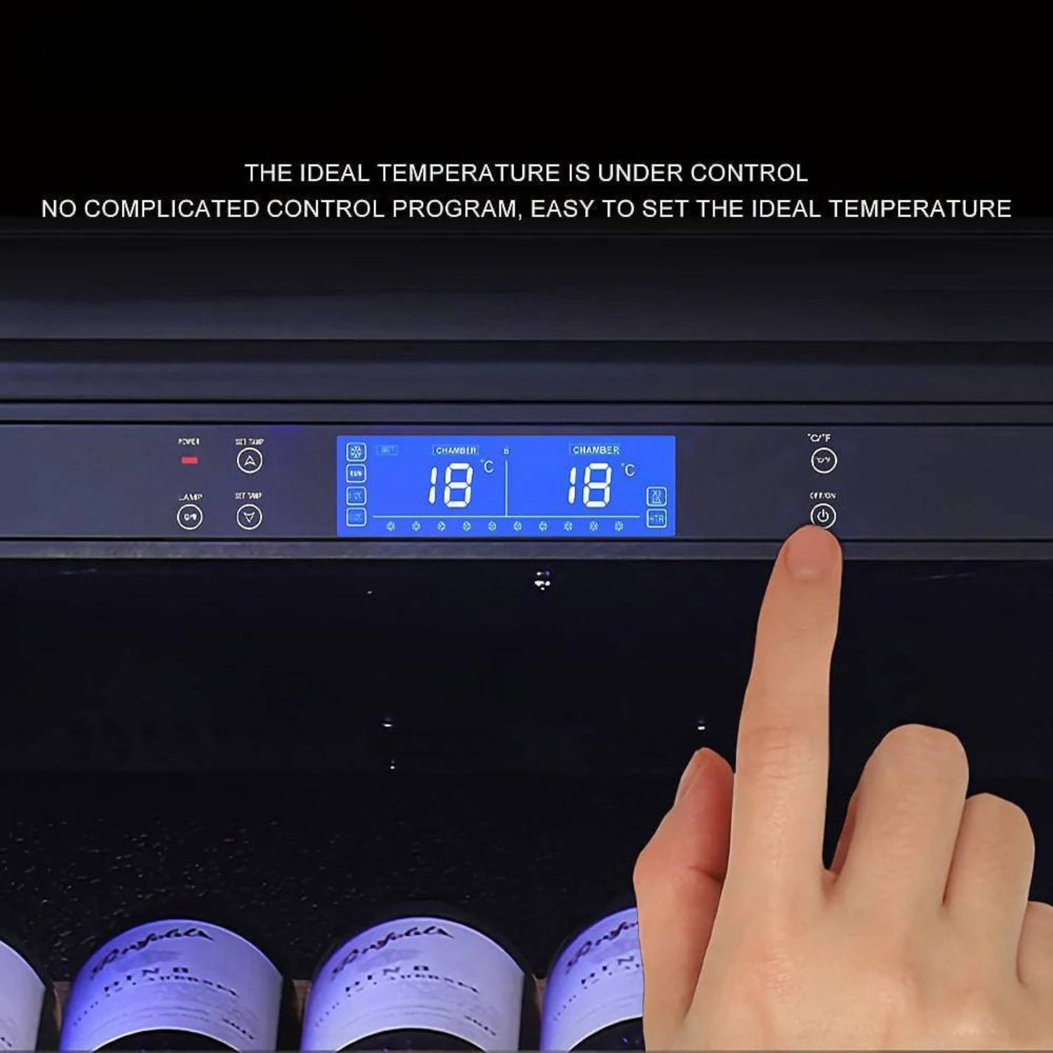 Digital temperature control panel with a hand adjusting the temperature setting.