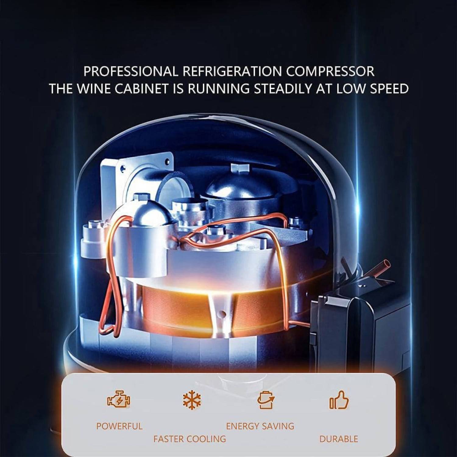 Professional refrigeration compressor with text on a dark background