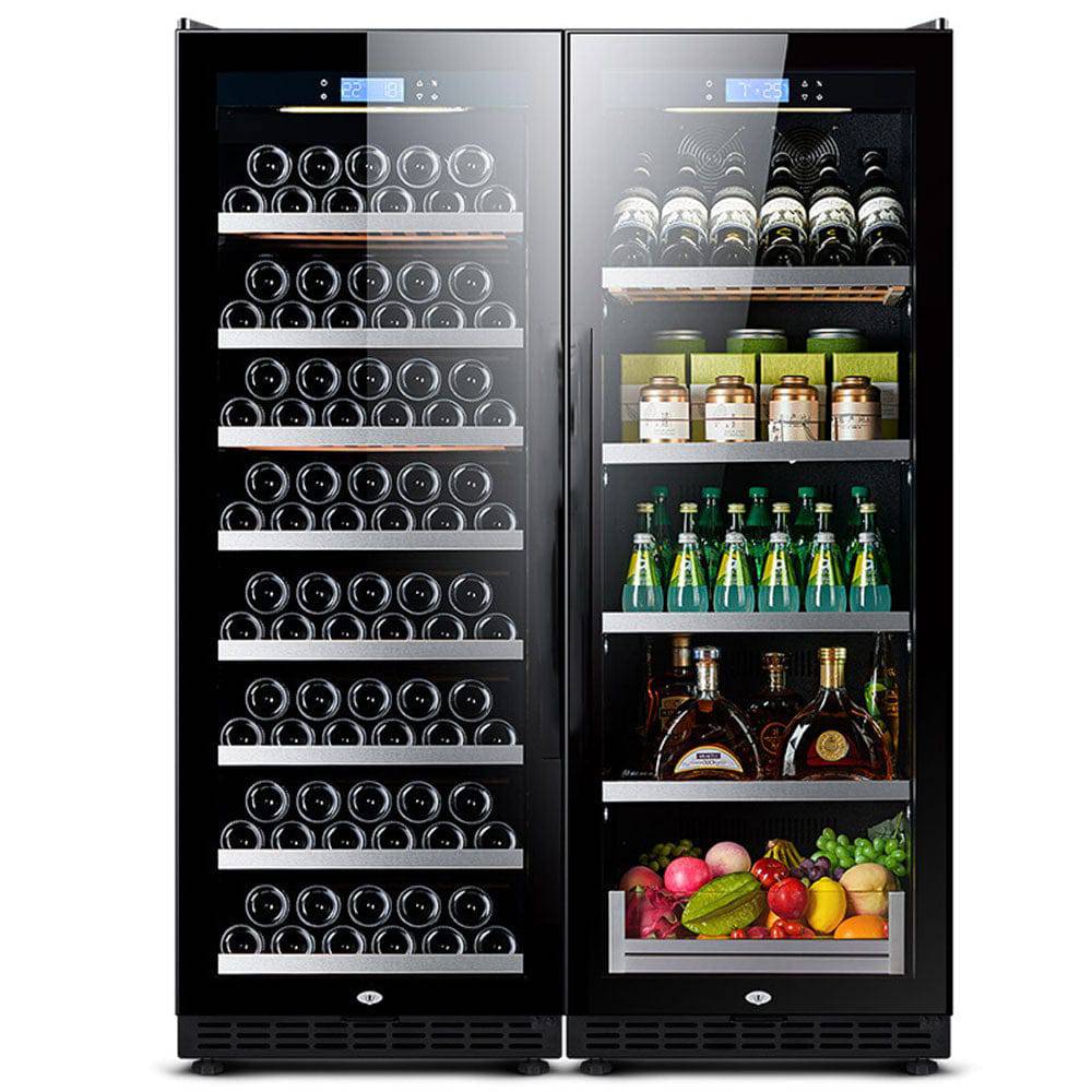 Double-door wine and beverage cooler with bottles and groceries inside.
