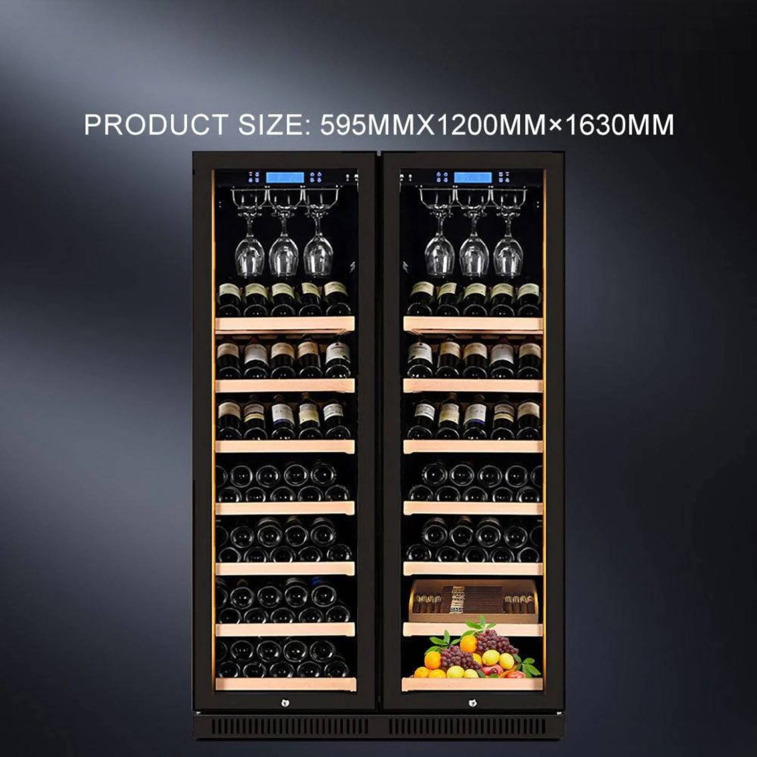 Wine cooler with wine bottles and glasses on a dark background