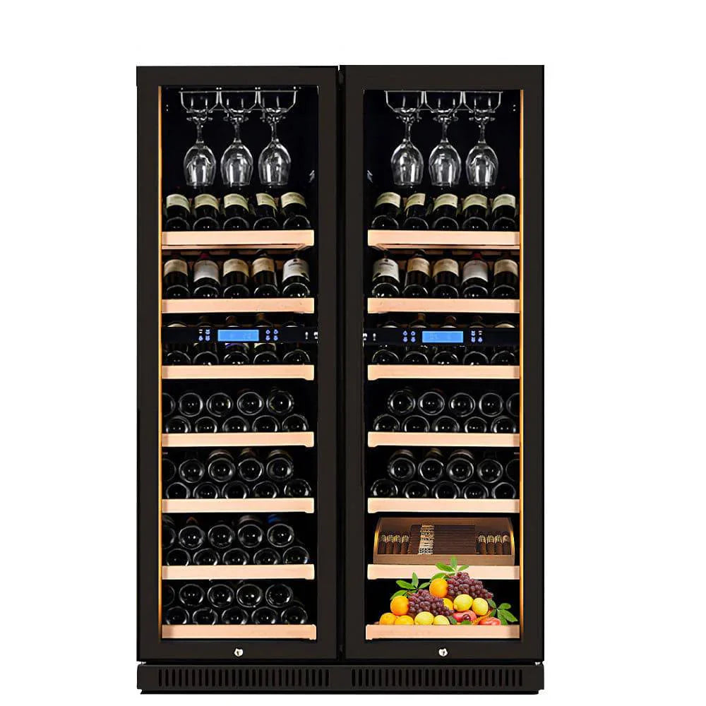 Wine cooler with wine bottles and glasses on a white background