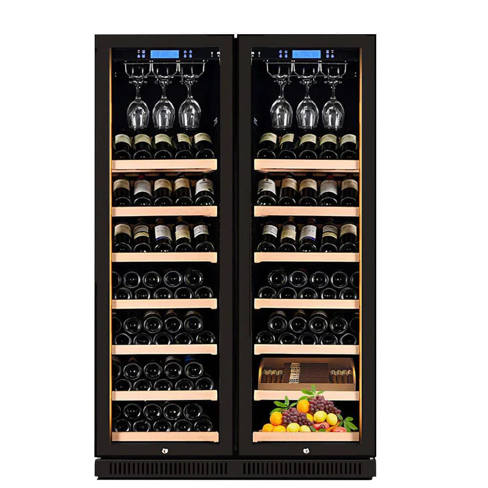 Wine cooler with glass holders and wine bottles on a white background