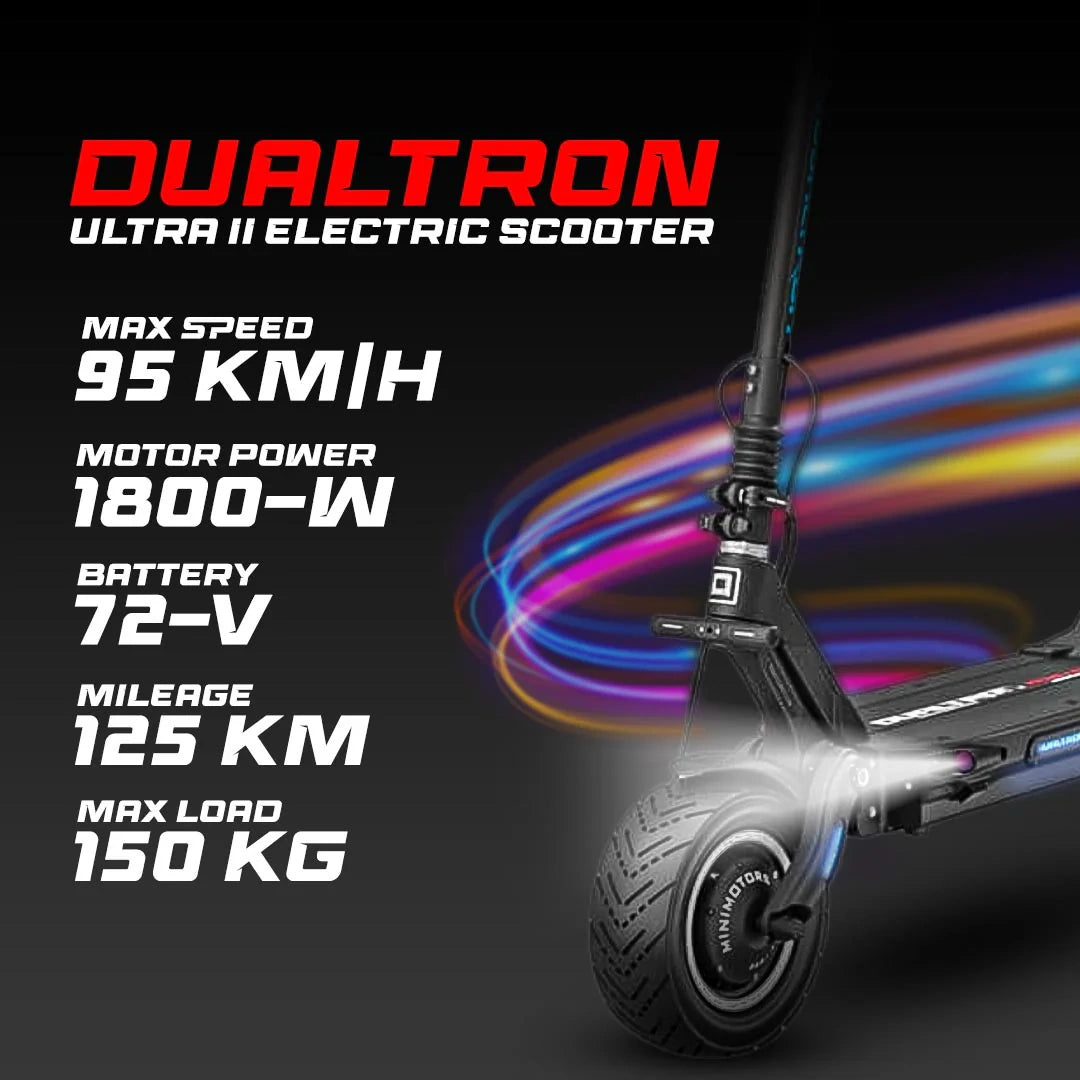 Dualtron Ultra II electric scooter with specifications on a dark background