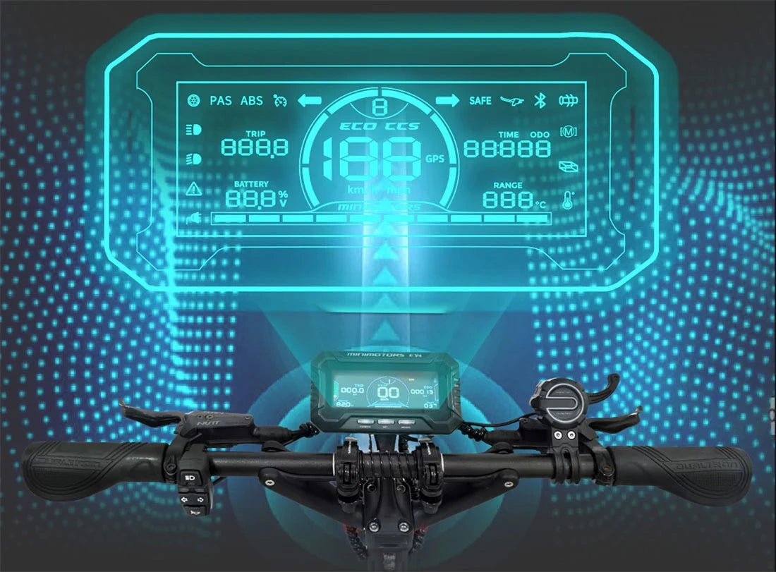 Bicycle handlebar with digital display against a futuristic blue background