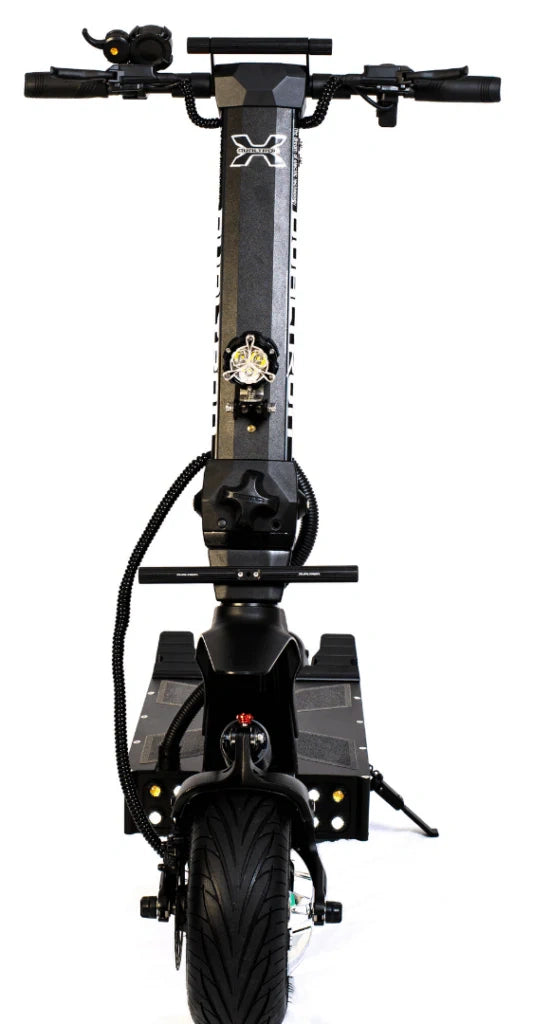 Black electric scooter with visible brand logo on a white background