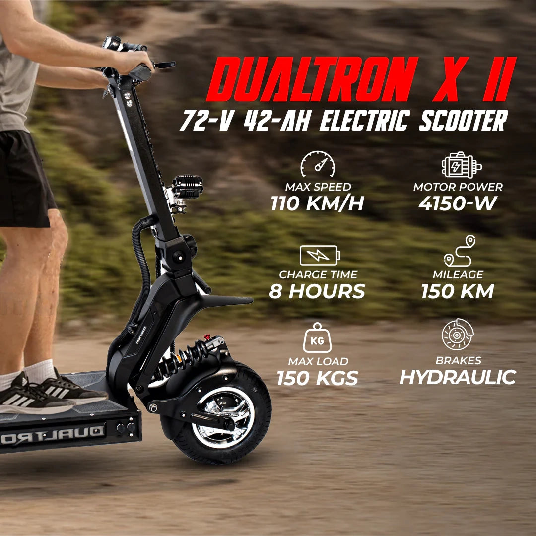 Electric scooter with specifications on a blurred natural background