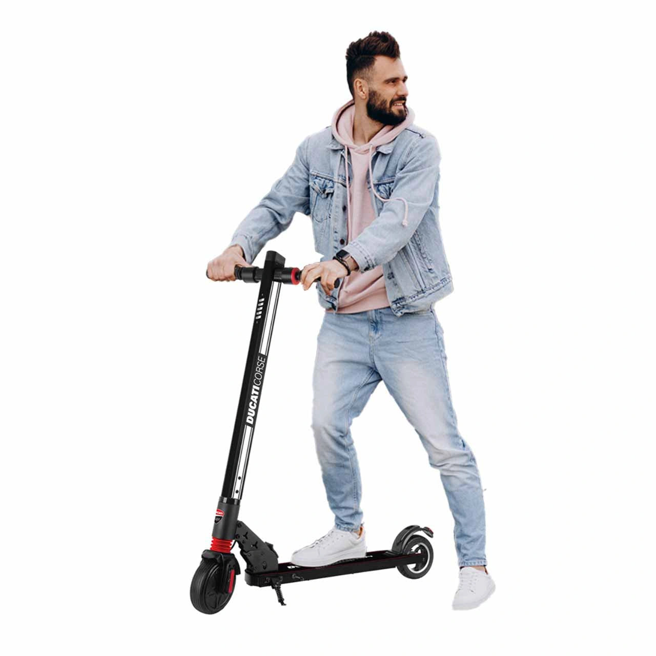 Man riding a black electric scooter on a white background