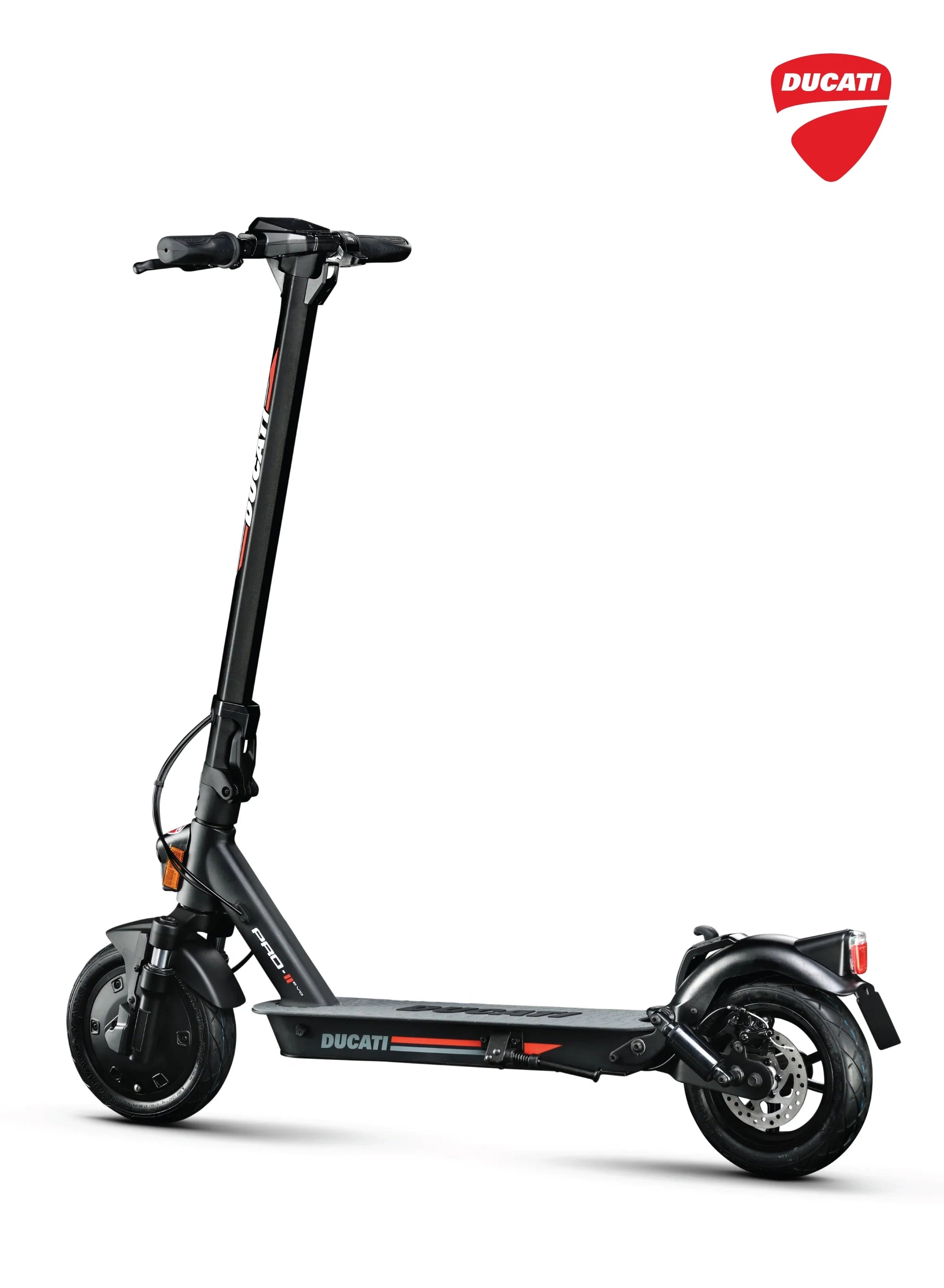 Black electric scooter with Ducati logo on a white background