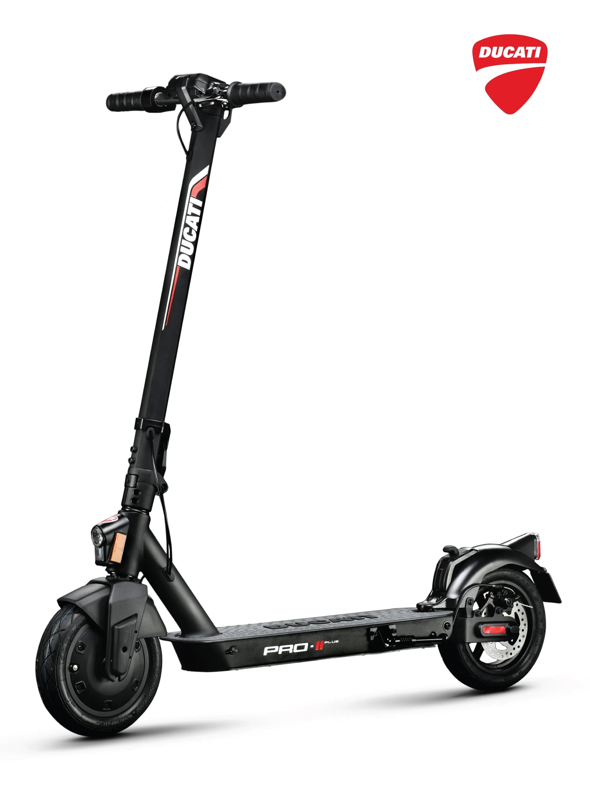 Black electric scooter with Ducati branding on a white background