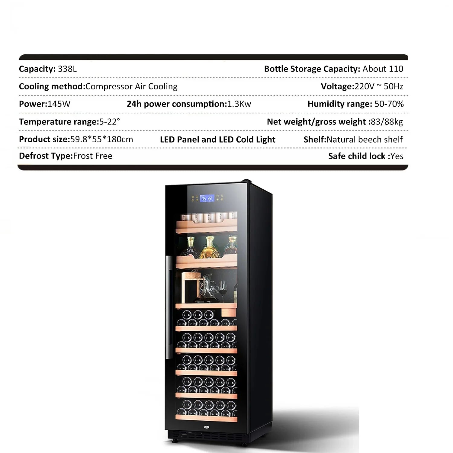 Wine cabinet with specifications on a white background