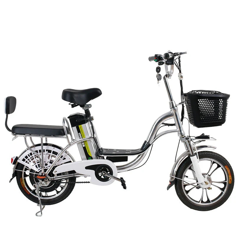 Electric bicycle with a basket on a white background
