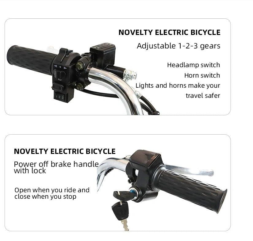 Electric bicycle handlebar with features highlighted on a white background