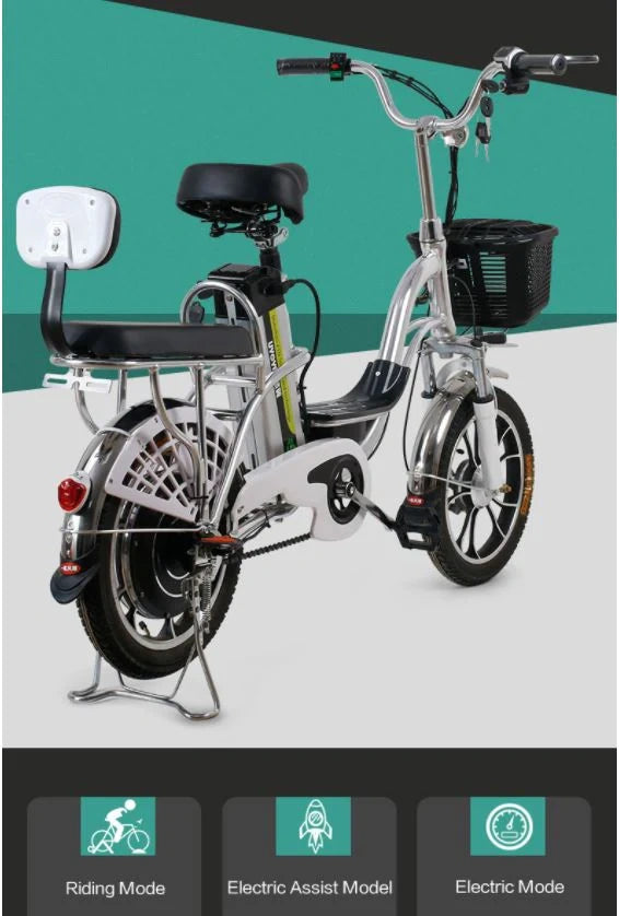 Electric bicycle with a white frame and black seat on a gray background