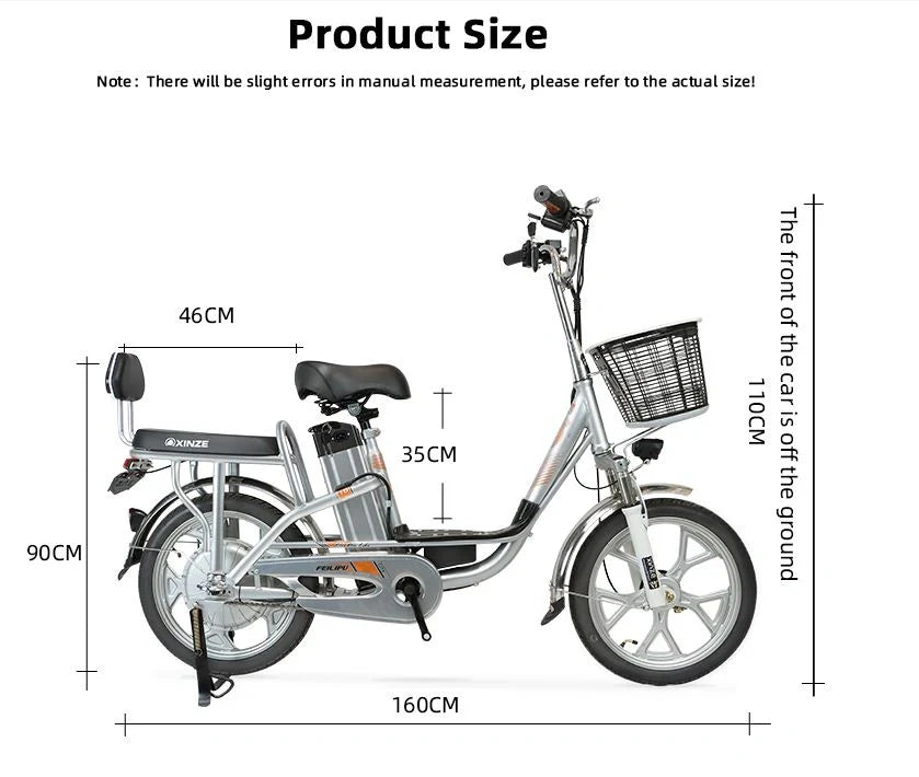 Measurement chart of an electric bicycle with dimensions labeled.