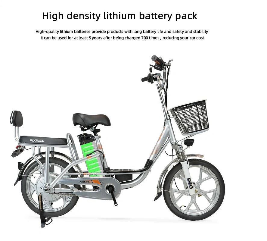 Electric bike with high-density lithium battery pack on a white background