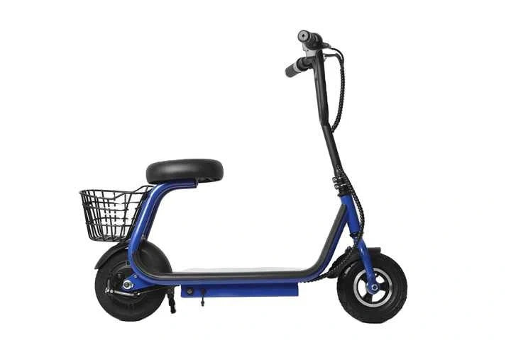 Blue electric scooter with a basket on a white background