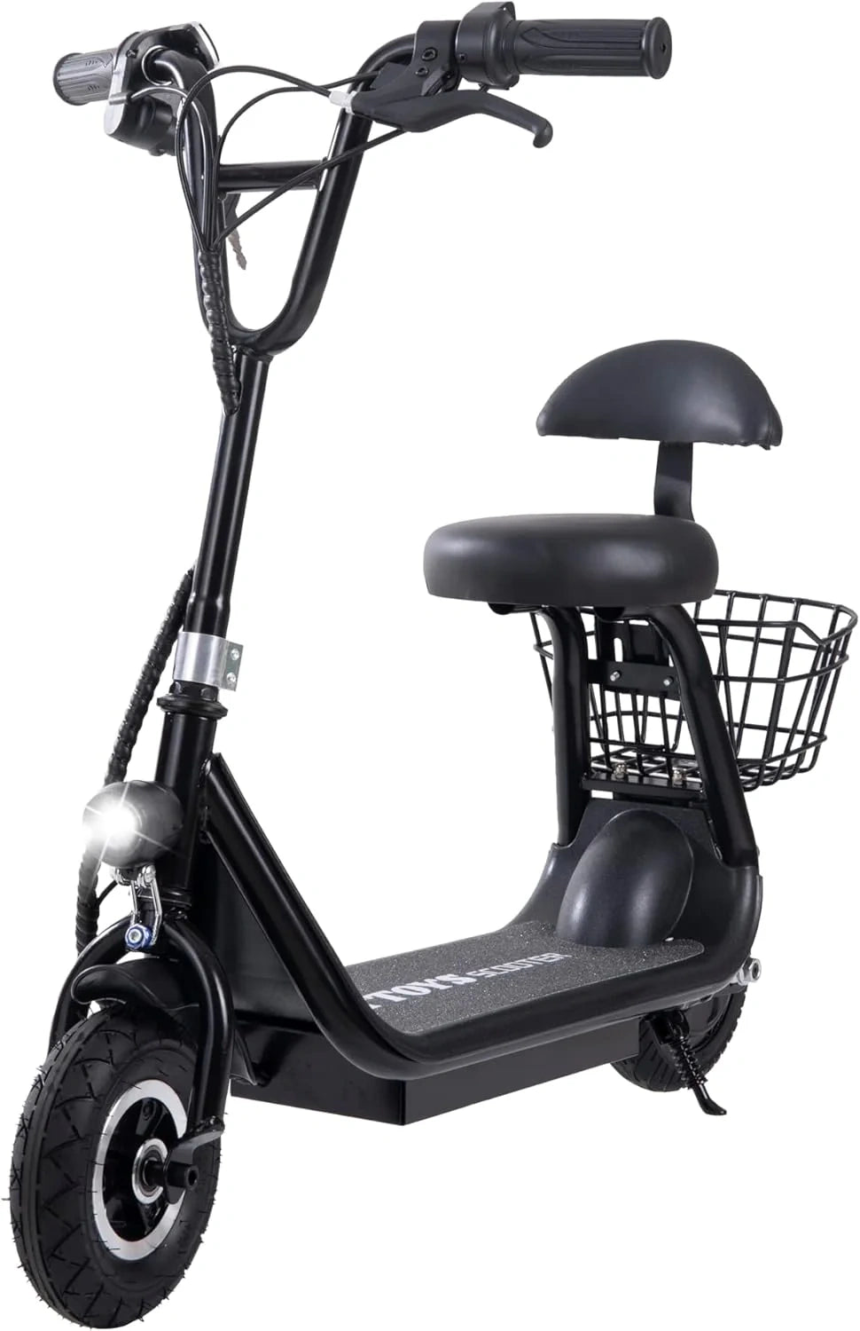 Black electric scooter with a seat and basket on a white background