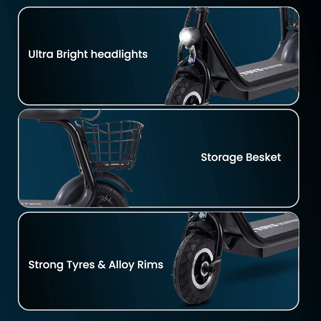 Electric scooter features including ultra bright headlights, storage basket, and strong tyres & alloy rims on a dark blue background.