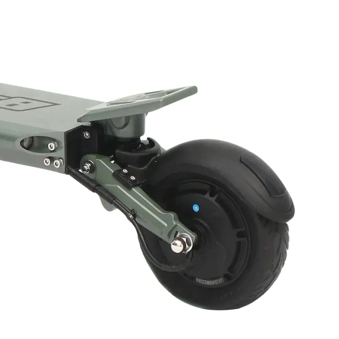 Close-up of a scooter wheel and deck on a white background