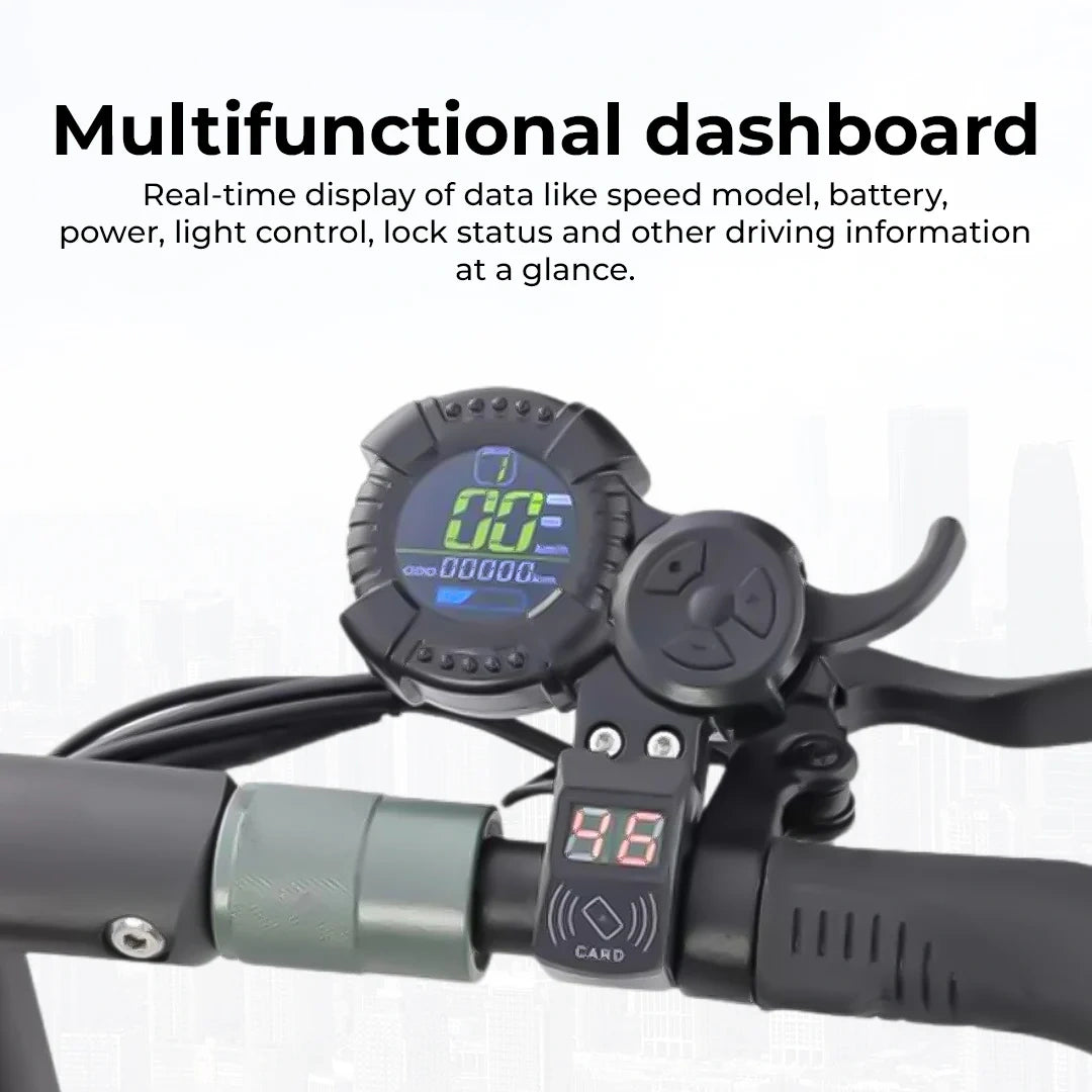 Multifunctional dashboard on bicycle handlebar with digital display and control buttons.