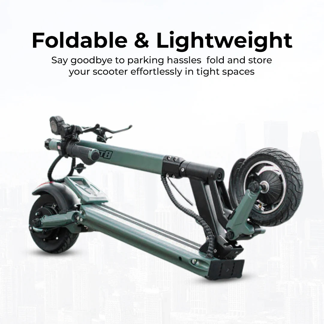 Foldable scooter on a white background with text highlighting its foldable and lightweight features.
