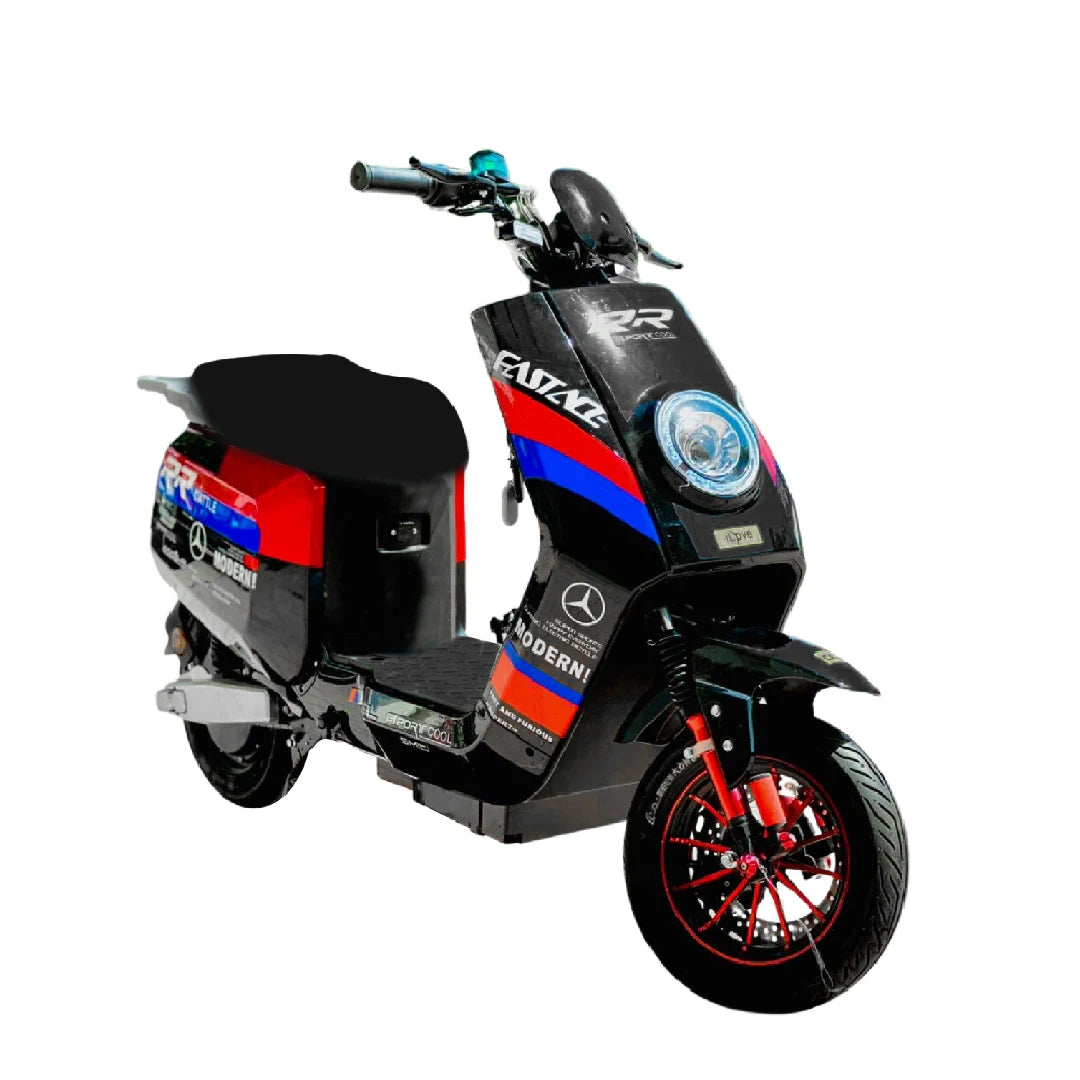Black scooter with colorful design on a white background