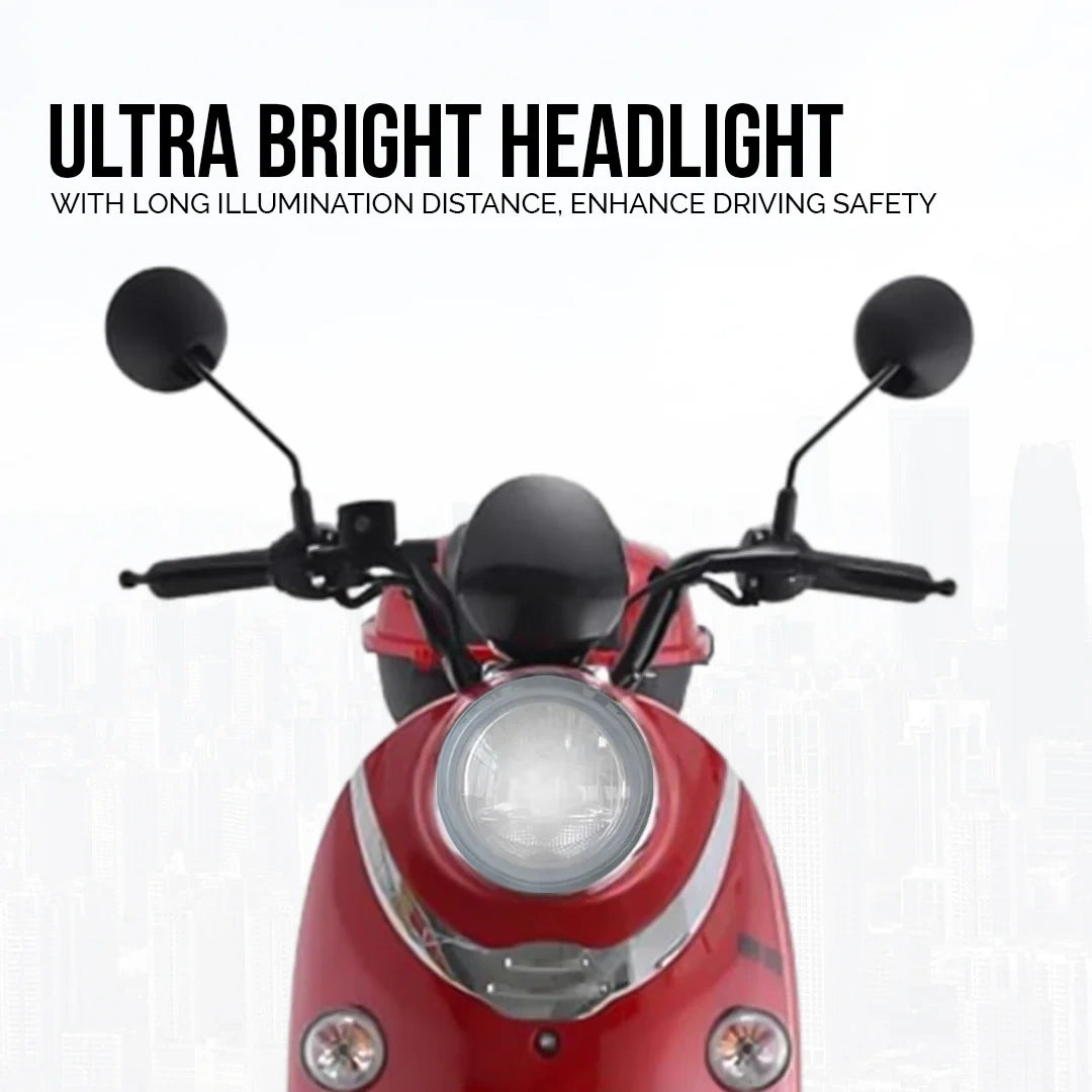 Red scooter with ultra bright headlight on a white background