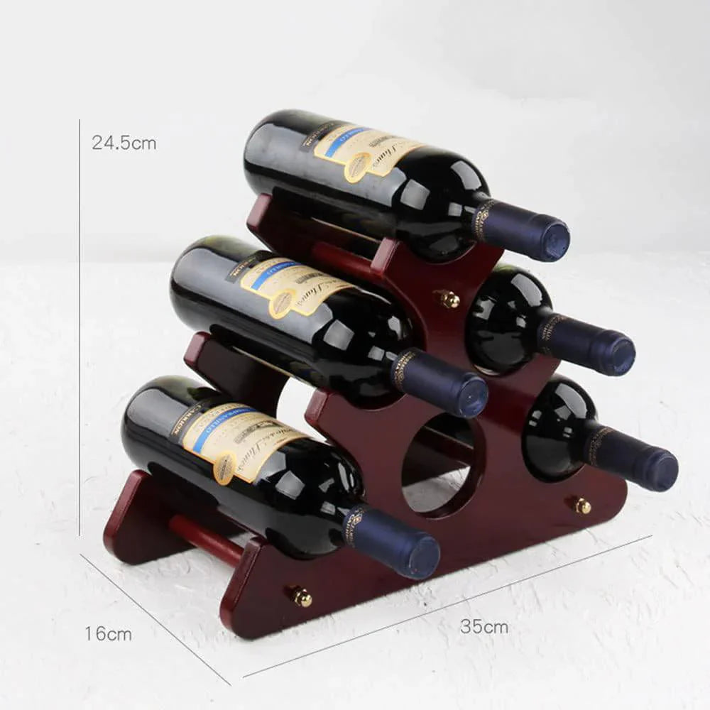 Wooden wine rack holding six bottles with dimensions displayed on a white background