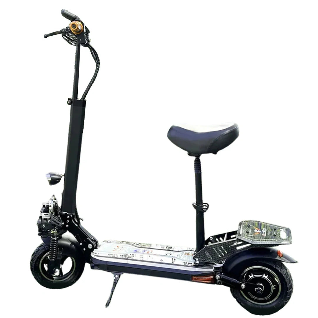 Black electric scooter with a seat on a white background