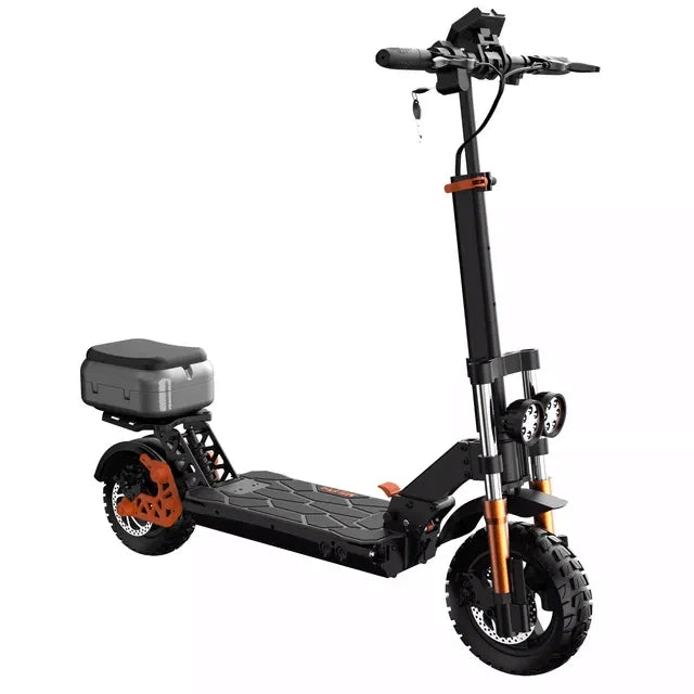 Black electric scooter with orange accents on a white background