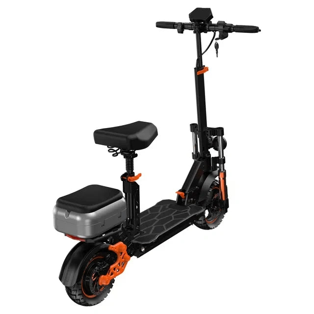 Black and orange electric scooter with a seat on a white background