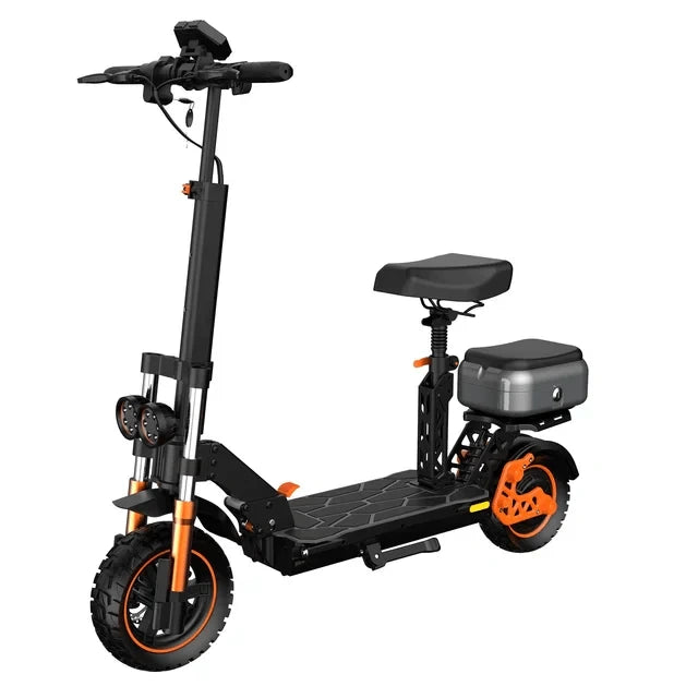 Black electric scooter with orange accents on a white background