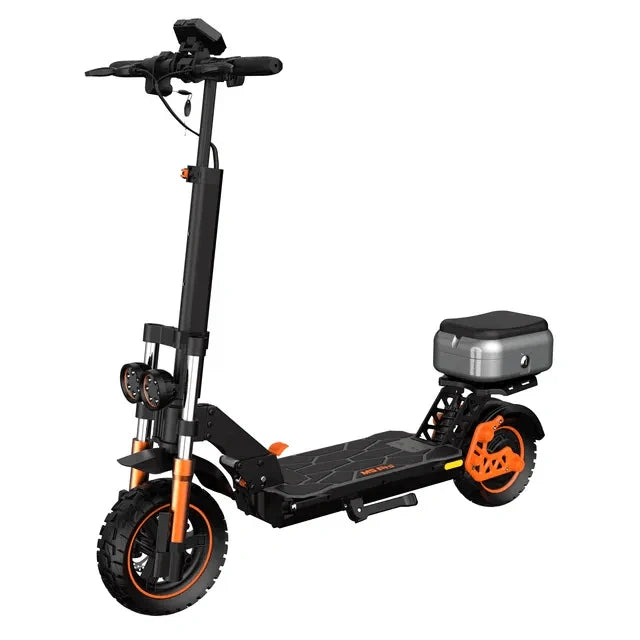 Black electric scooter with orange accents on a white background