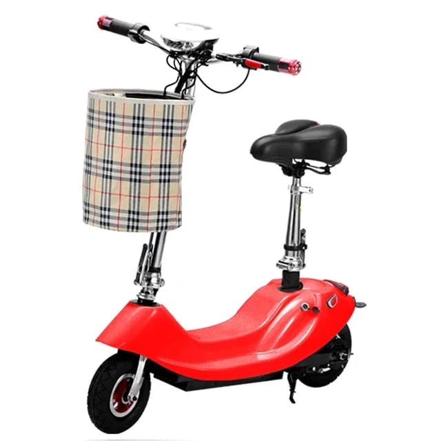 Red electric scooter with a plaid basket on a white background