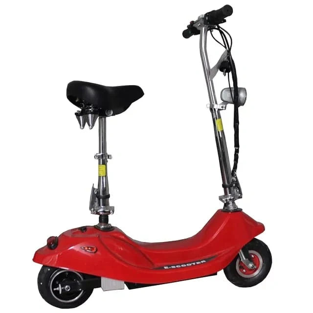 Red scooter with a black seat on a white background