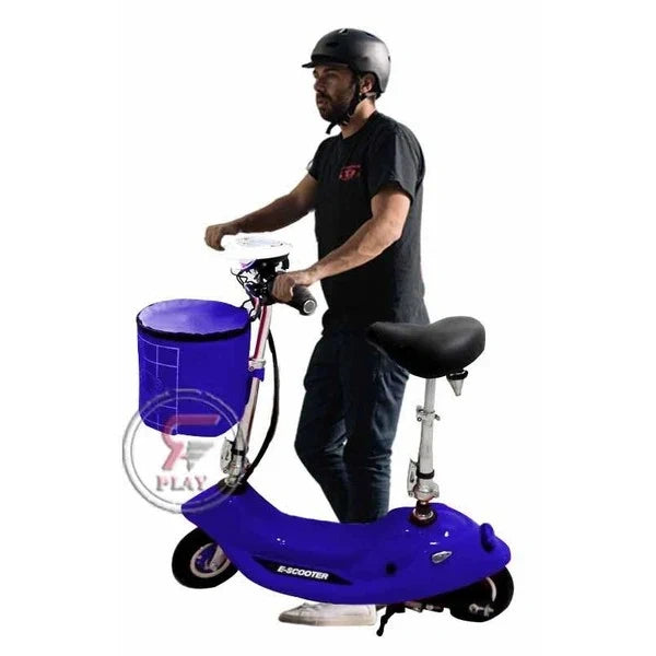 Man riding a blue electric scooter with a basket on a white background
