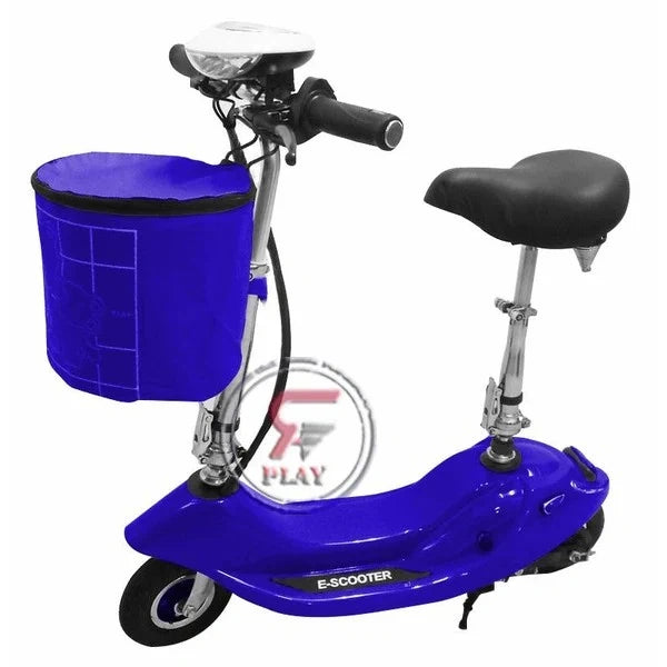 Blue electric scooter with a basket and seat on a white background