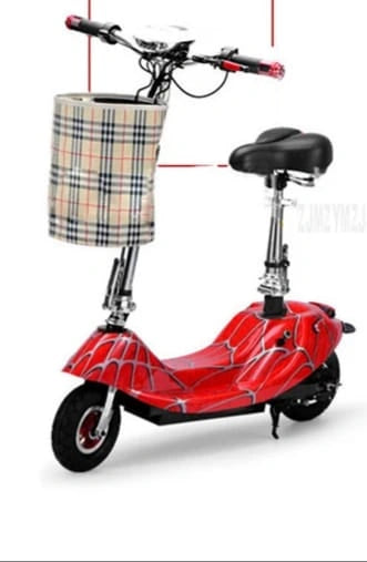 Red electric scooter with a basket on a white background
