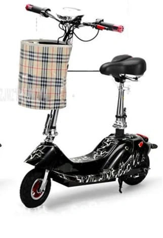 Black electric scooter with a plaid basket on a white background