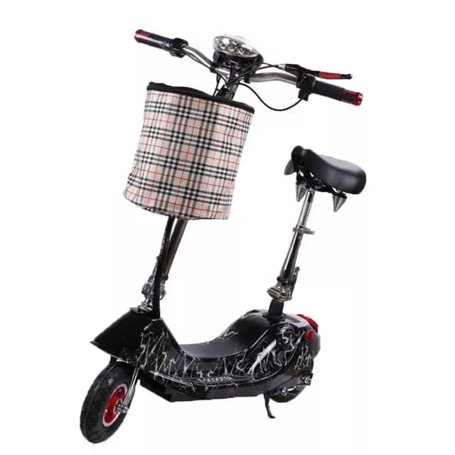 Black electric scooter with a plaid bag on a white background
