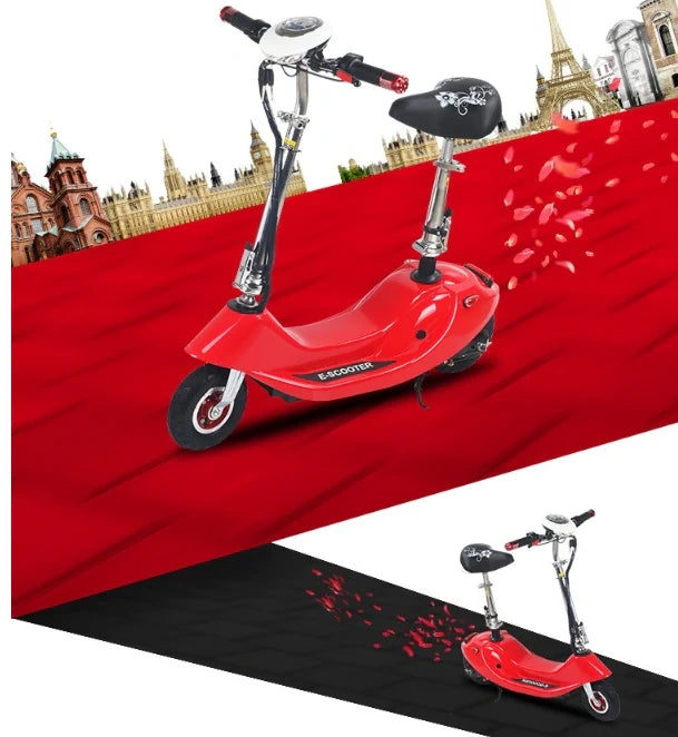 Red electric scooter with black seat on a red and black background with cityscape.