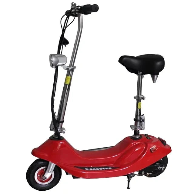 Red electric scooter with a black seat on a white background